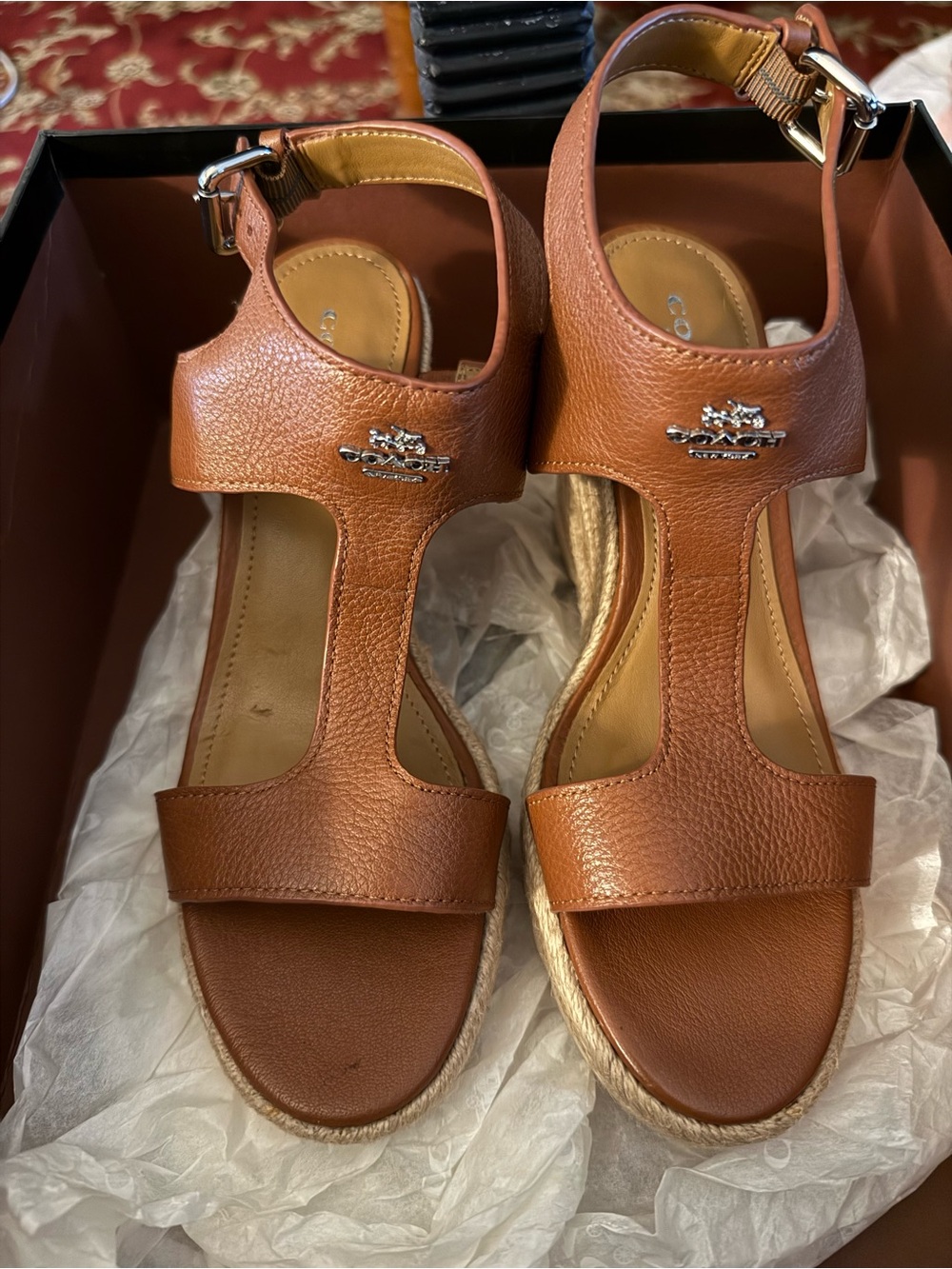 Coach Leanne Peab Grain Leather Womens 6M Pre-Owned Wedge Sandals Saddle Heels